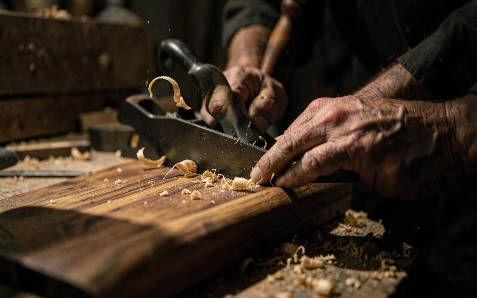 A Nexora craftsman hand-planing a walnut board in the workshop